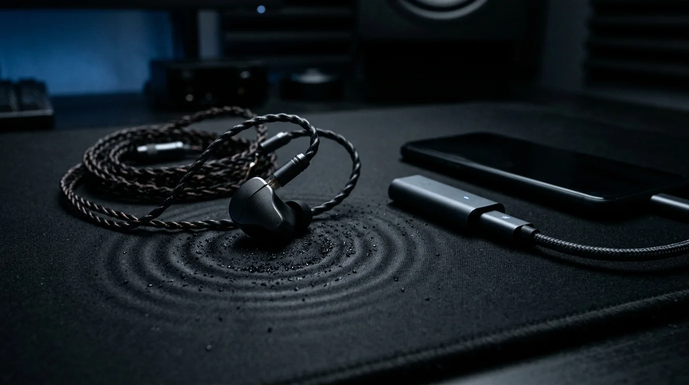 低音 IEM 搭配小尾巴與手機的暗色桌面情境圖，桌面細粉隨低頻震出同心圓波紋